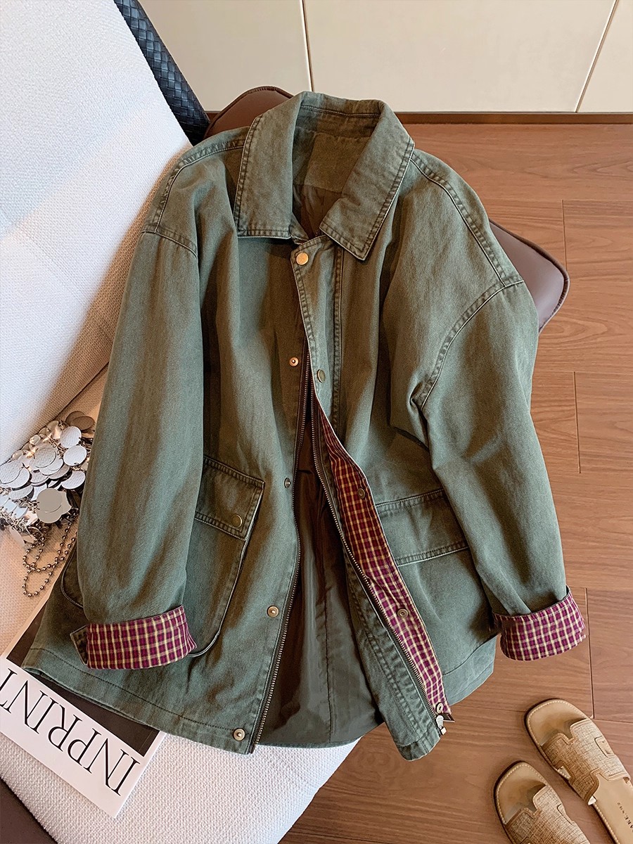 Down Jacket Packable - Vintage legergroen denim jack dames geruite